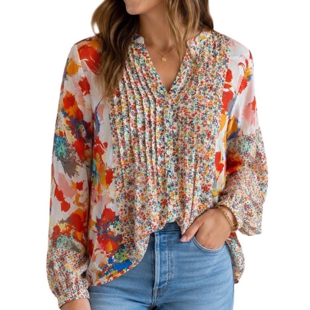 Hope Springs Floral Blouse Fits Medium Small Multicolor‎ Boho Patchwork Top